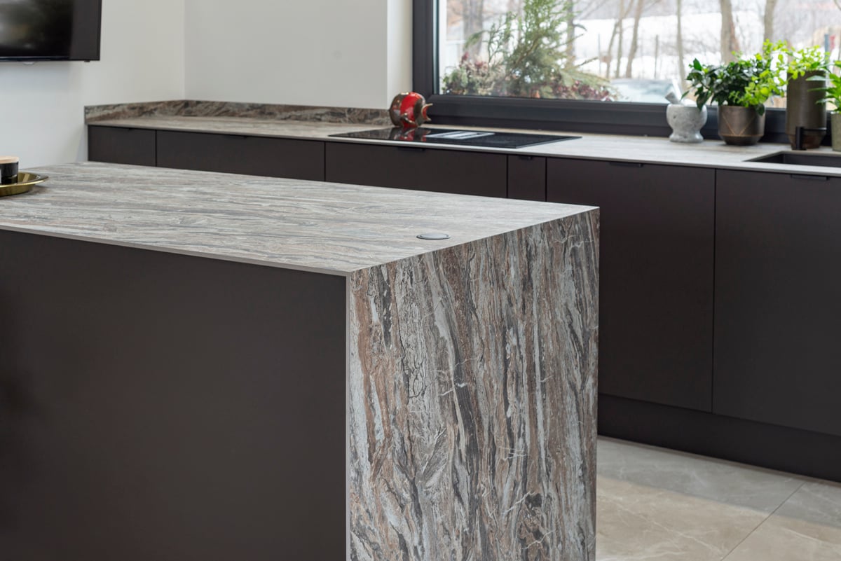 Dark stone kitchen island close-up