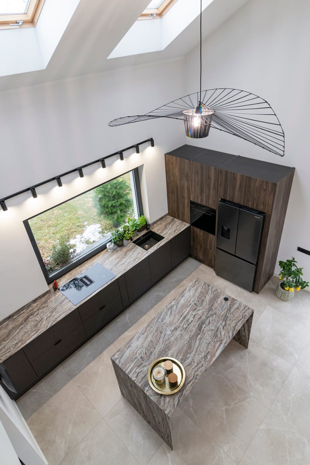 Dark walnut sideboard with mustard chairs