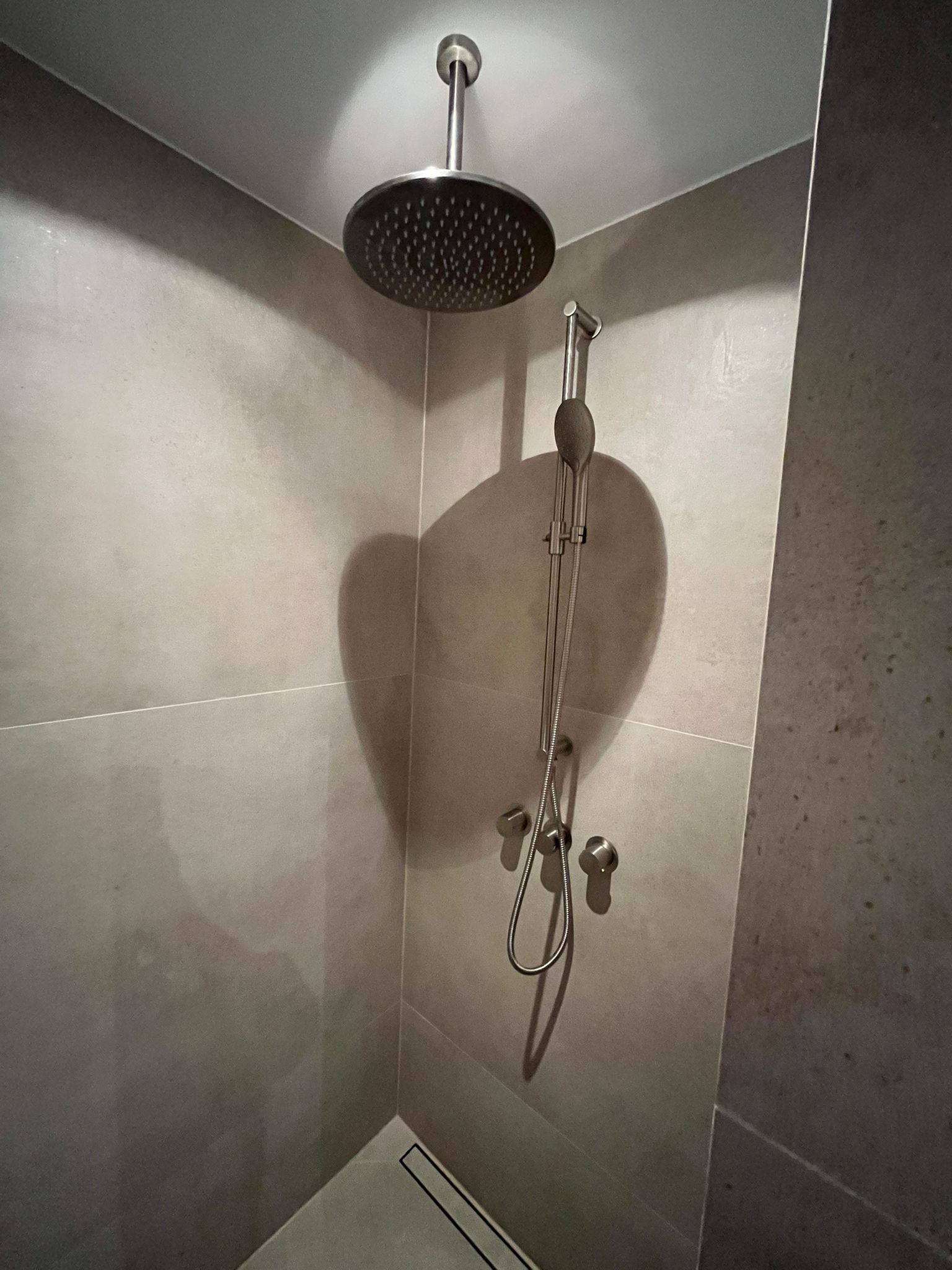 Walk-in shower with ceiling rain head and linear floor drain