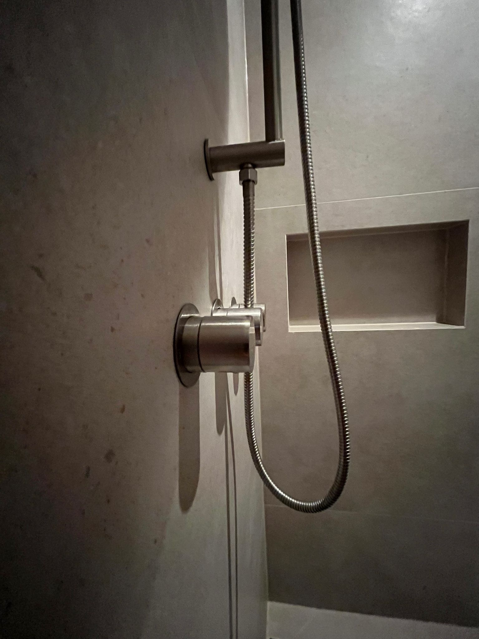 Shower rail, handheld wand and recessed wall niche